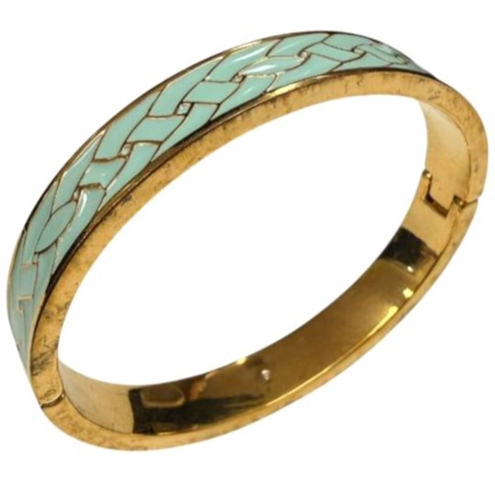 J.Crew Sage Green Basketweave Enamel Hinged Bangle Bracelet Gold Tone